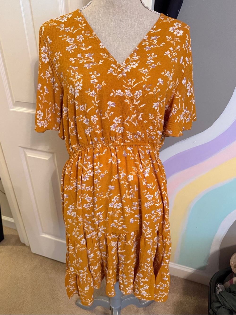 Mustard Floral V-Neck Short Sleeve Dress
